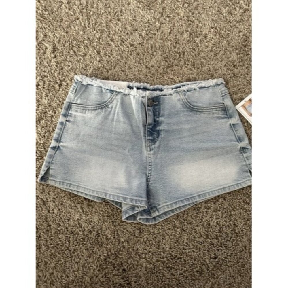 Vanilla Star Womens Y2K Blue Demin Frayed Shorts Size 25/1 Pockets Mid Rise